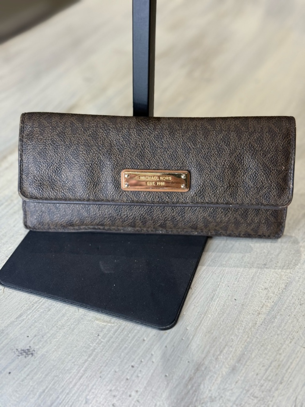 Michael Kors Brown Logo Continental Wallet with Gold Plate